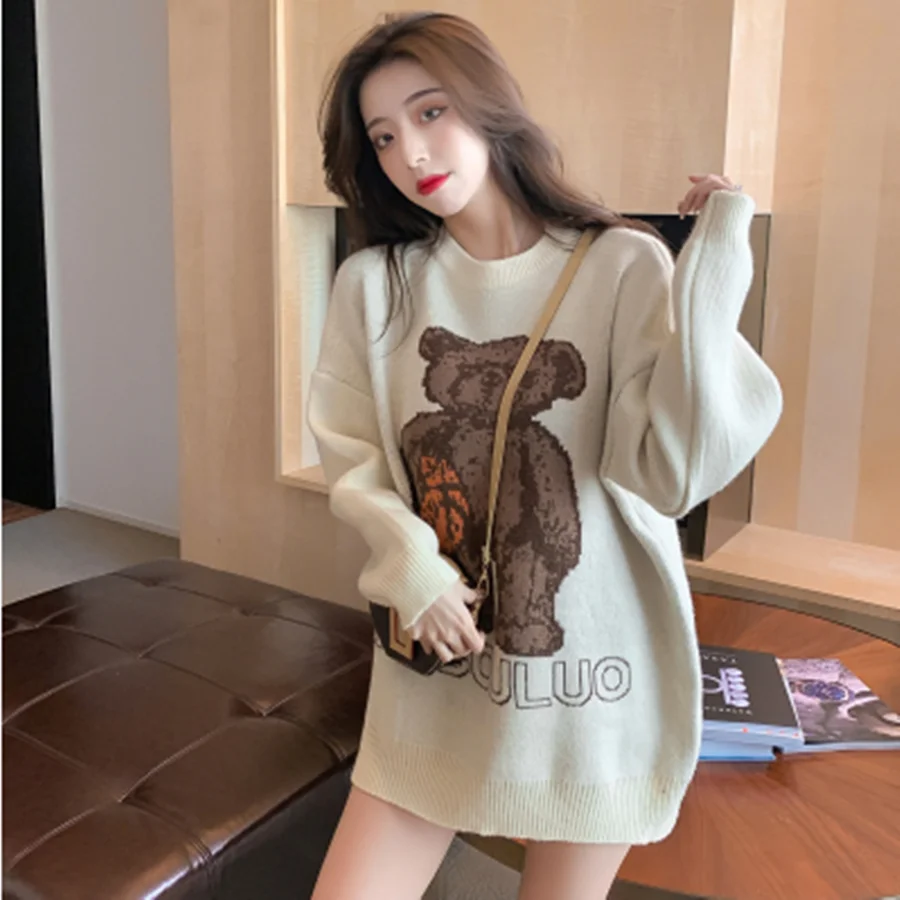

Fall Winter Couples Print Bear Bulky Long Sweater Tops 2021 New Designer Women Lazy Wind Pullovers Knit Thick Warm Loose Sweater