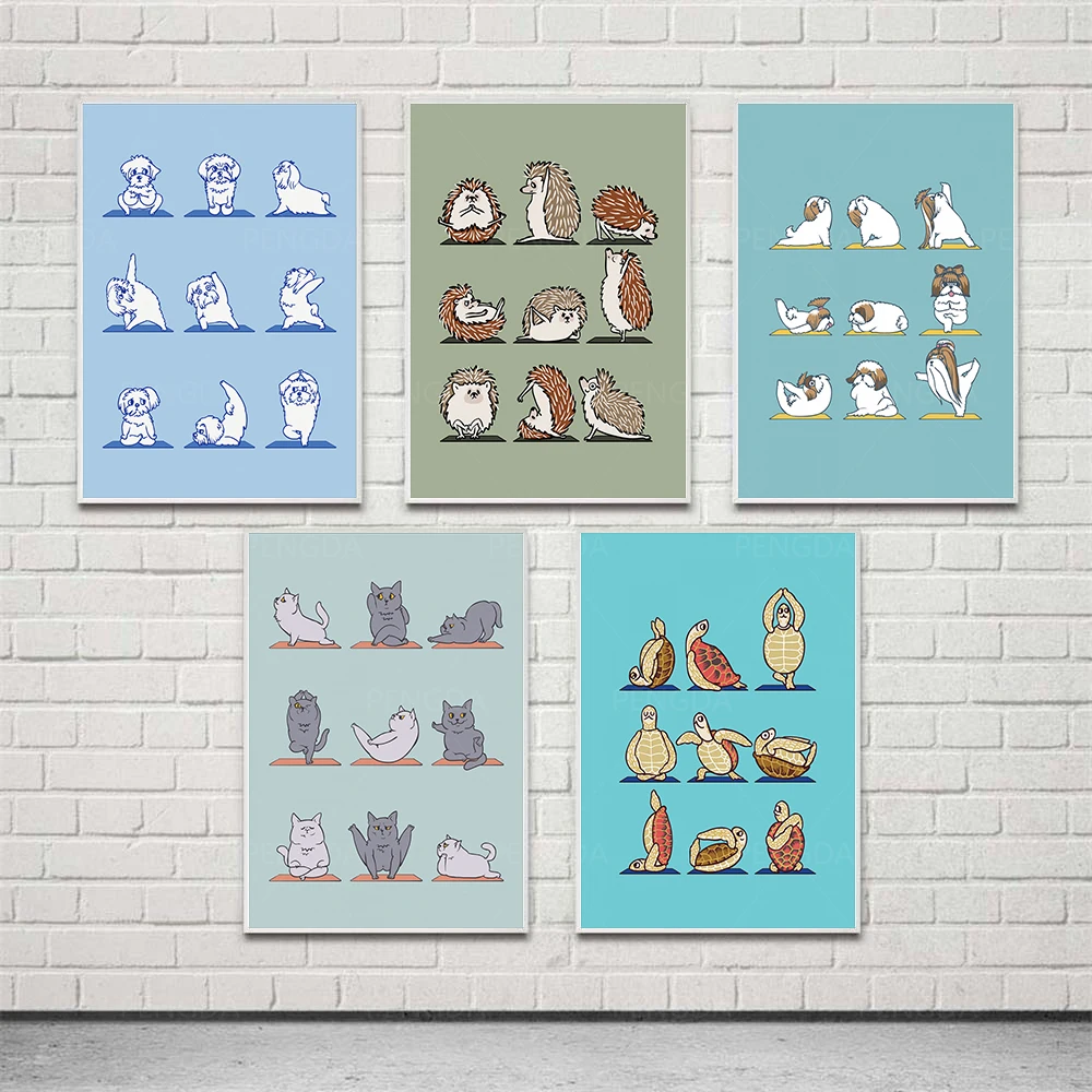 

Wall Art Canvas Painting Cute Animal Yoga Actions Dog Cat Lovely Poster Modern Home Decorative Living Room Kids Room