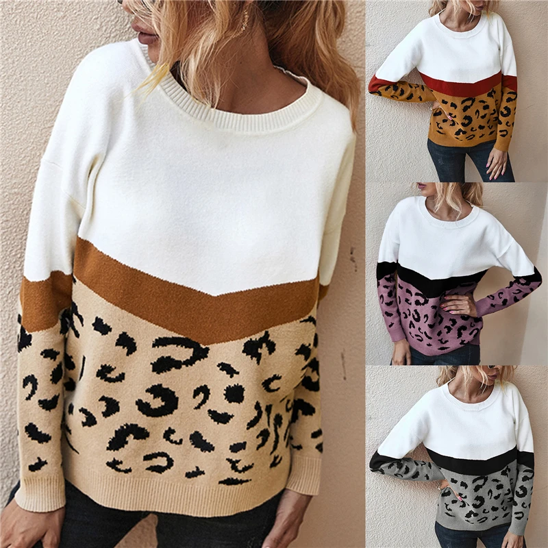 

Fashion Leopard Patchwork Autumn Winter 2021 Ladies Knitted Sweater Women O-neck Full Sleeve Jumper Pullovers Top Khaki Brown