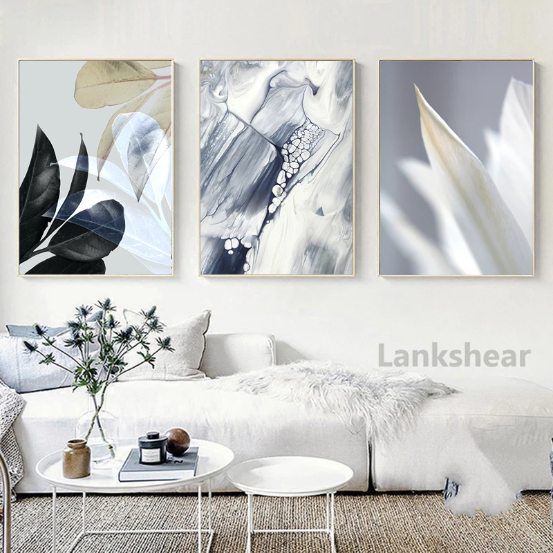 

Grey Abstract Painting Scandinavian Marble Poster Black Leaf Print Botanical Canvas Print Wall Art Picture Living Room Decor