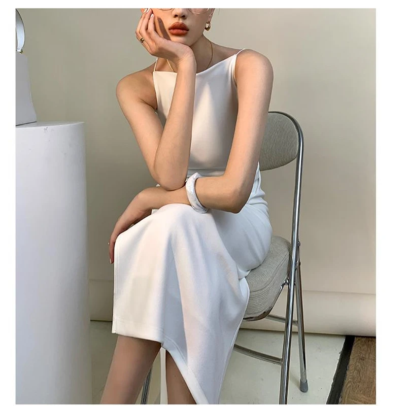 

2021 New Women Summer Spaghetti Strap Dress Sleeveless Sexy Elegant Black White Party Slit Dresses
