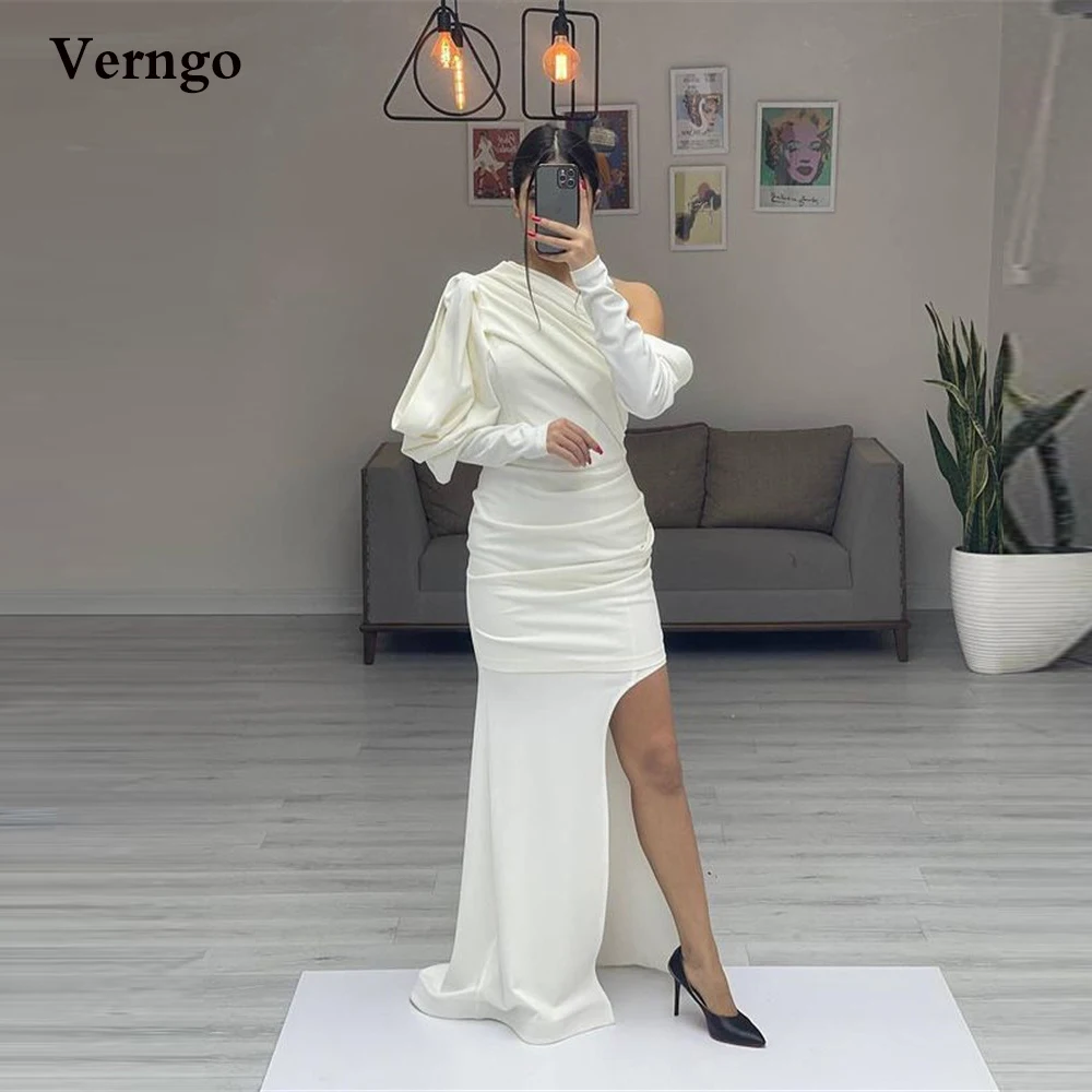 

Verngo Ivory/Black Stretch Satin Mermaid Formal Evening Dresses Puff Long Sleeves Pleats Side Slit Simple Prom Gown 2022
