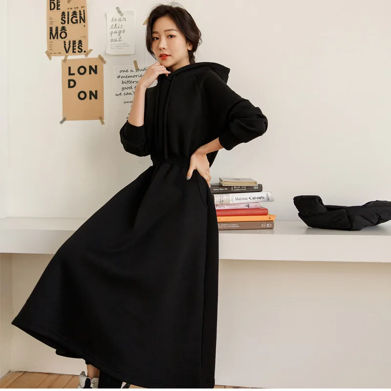 

2021 New Korean Hooded Collar Simple Women Dresses Winter Solid Color Loose Pockets Female Hoodie Dress