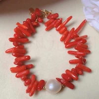 fashion natural white round pearl red coral gold bracelet gift all saints day practice relief bless bohemia seven chakras
