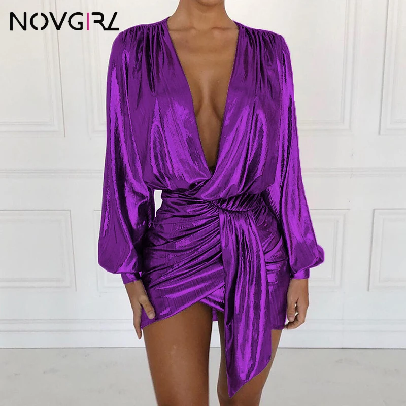 Novgirl Oversize XS-2XL Night Club Metalic Plunge Party Gold Dress Sashes Ruched Bodycon Deep V Neck Sexy Dresses | Женская одежда