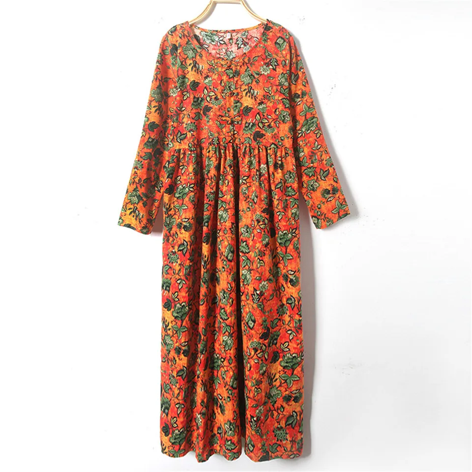 

Spring Loose Cotton and Linen Pleated Dress Women Casual Elegant Floral Printed Long Dress Retro Holiday Party Dress Vestidos