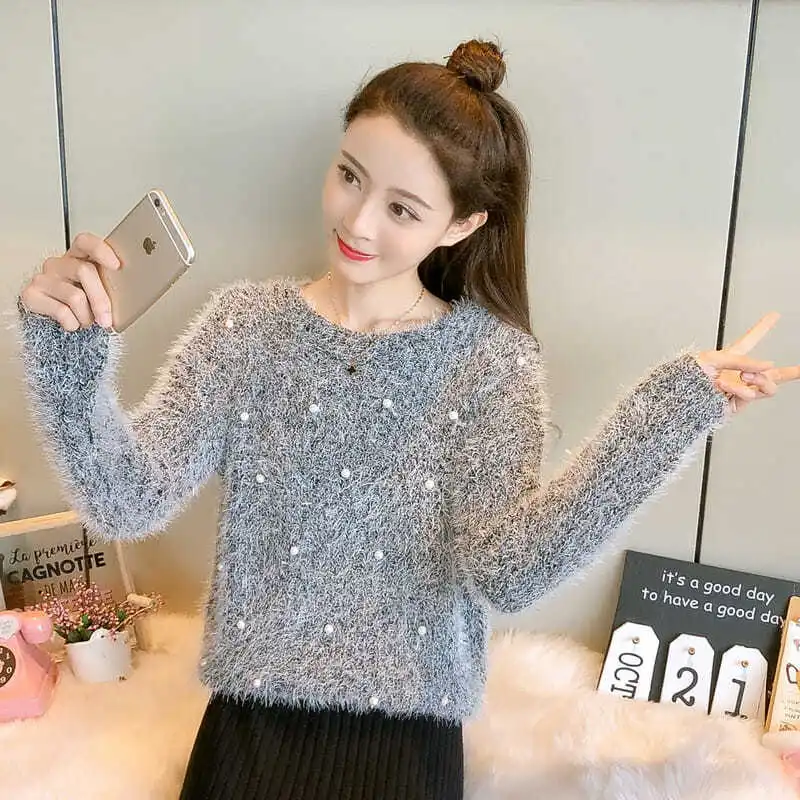 

2021 Autumn Woman Beading O Neck Sweater Female Casual Pullovers Knit Jumper Ladies Long Sleeve Solid Vintage Sweater topsH420