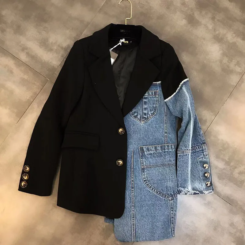 

Women's Denim Jacket 2021 Spring Autumn New Korean Lapel Stitching Loose Fashion High-Quality Lining Short Suit Coat Female