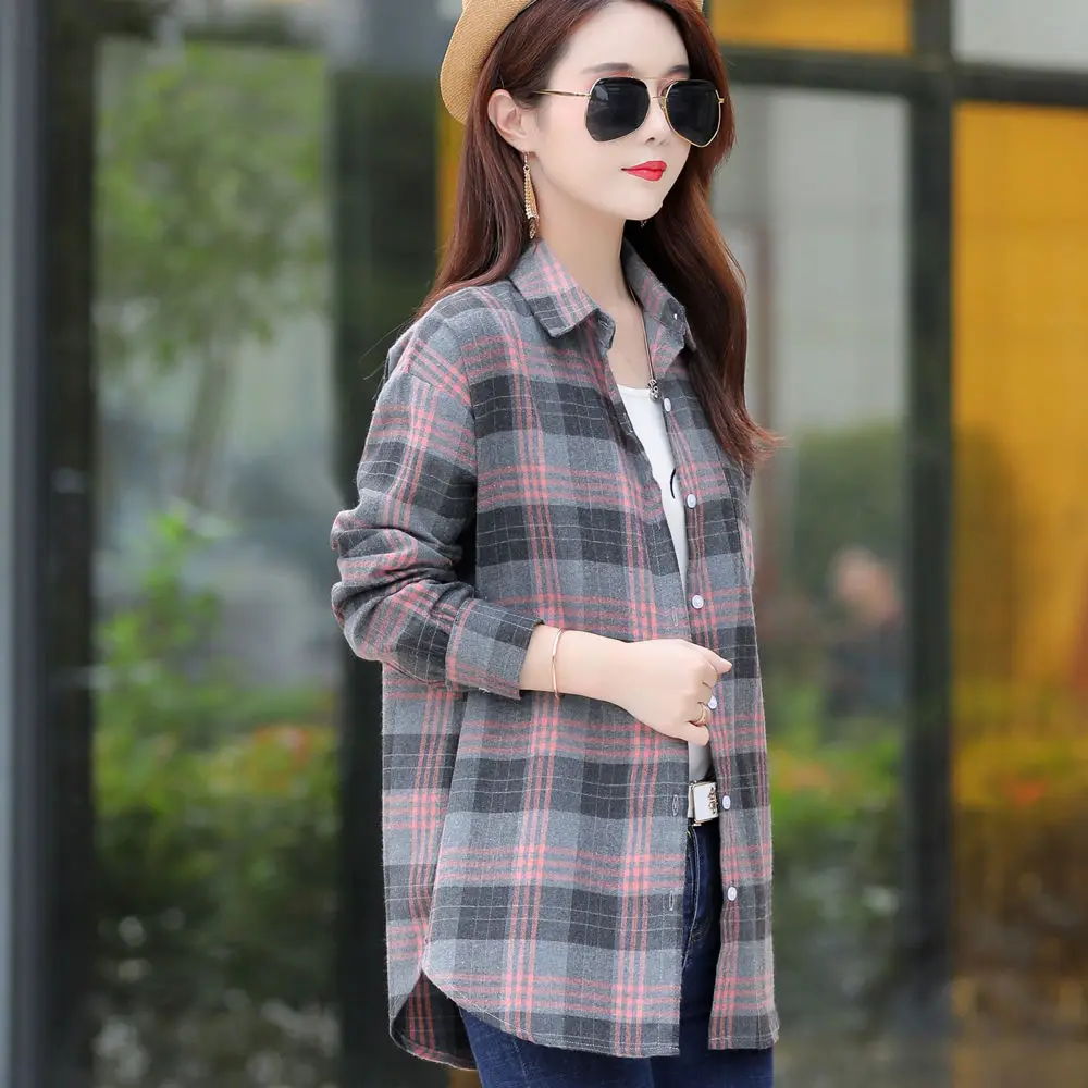 

2021 New Plus Size Women Velvet Plaid Shirt Female M-5XL Long Sleeve Tops Winter Pockets Checked Blouse Blusas Femininas shirt