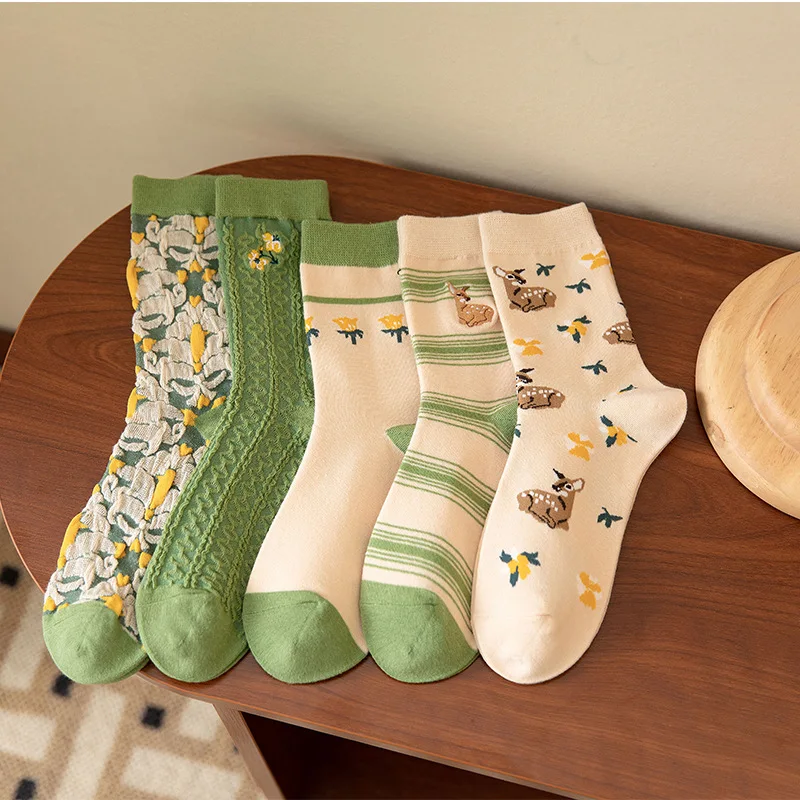 5Pairs Embroidery Deer Socks Women Japanese Korean Loose Socks Green Cartoon Floral Student Fashion Cotton Long Sox Warm Autumn