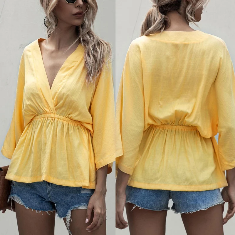 

Summer Solid Color V-Neck Sexy Top 3/4 Sleeve Elastic High Waist Loose Top