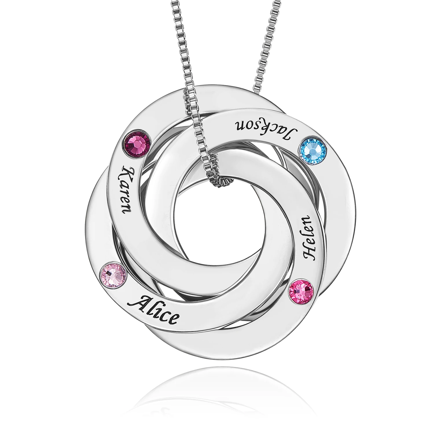 

Personalized Russian Ring Necklace With 3 Birthstones & Names For Women Customized Family Jewelry Gift for Mother, Grandmother