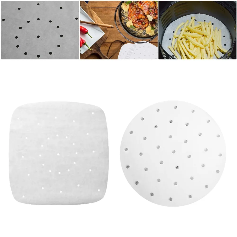 

100Pcs 7/8/9 Inch Round Square Non-Stick Air Fryer Liners Paper Disposable Steamer Mat Baking Sheets Perforated Parchment Paper