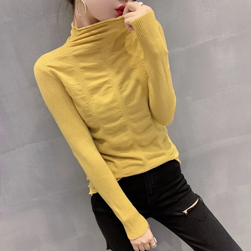 

Женская футболка, облегающая, облегающая, осенне-зимний, дизайнерский, плиссированный, внутренний, эластичный, вязаный свитер