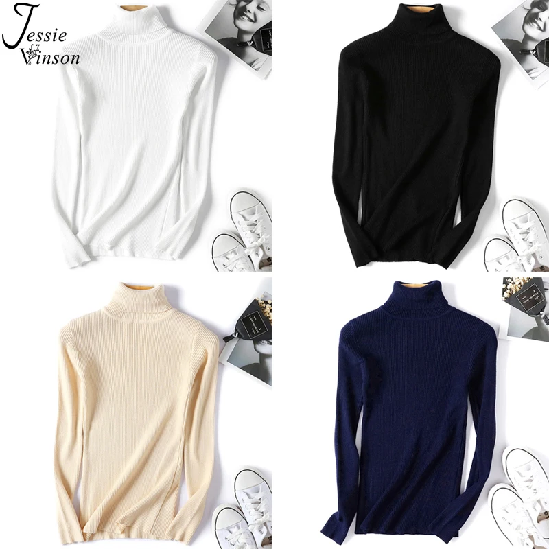 Jessie Vinson Turtleneck Solid Ribbed Sweater Women Korean Style Pullover Jumper Autumn Winter Basic Knitted Tops | Женская одежда