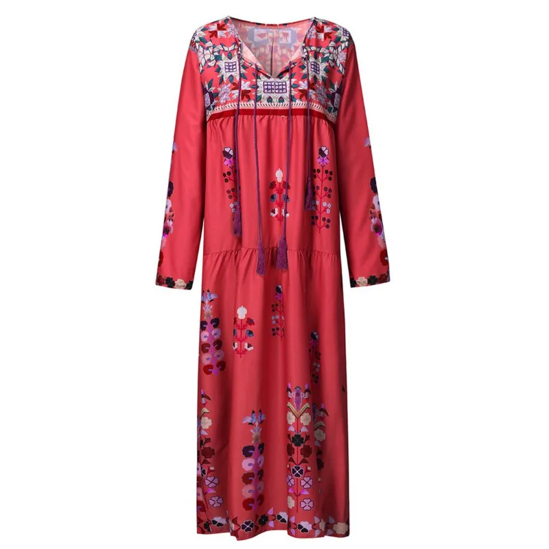 

Women's Boho Dress Plus Size 5XL Sexy Deep V Neck Print Lace Up Vestidos Long Sleeve Ankle Length Bohemian Beach Party Dresses