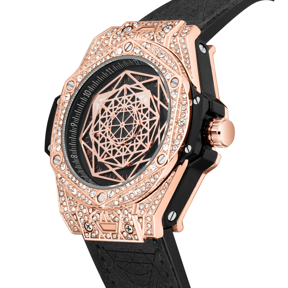 

New Style Men Luxury Rose Gold Watch Bling Full Diamond Iced Out Bang Quartz Wristwatch Rubber Strap Gift Luminous Watches Clock