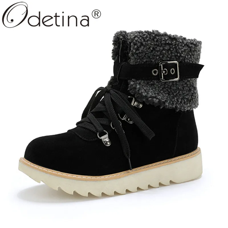 Odetina/Новые Модные женские ботильоны из искусственной замши на толстой платформе зимние Нескользящие зимние ботинки на шнуровке с пряжкой и ремешком, большие размеры 43