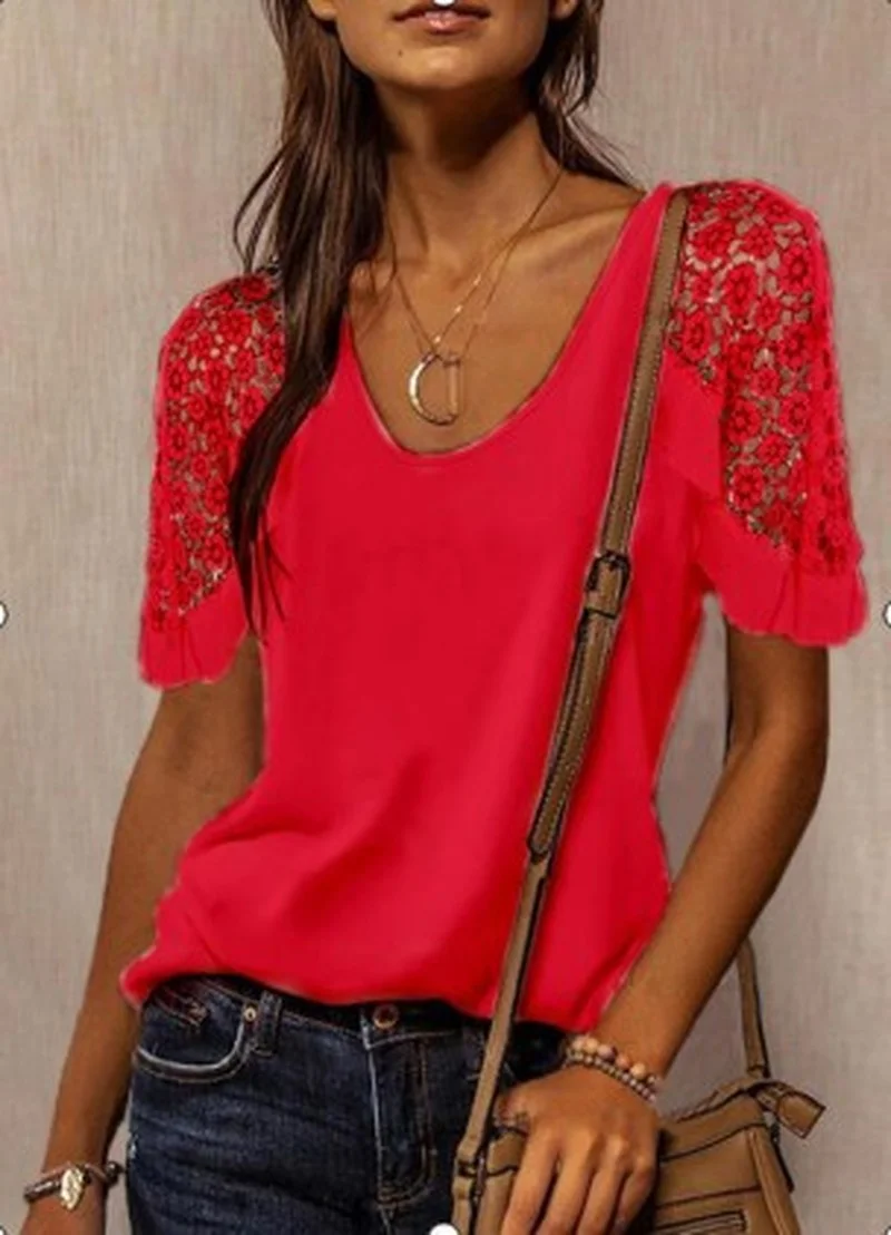 

Summer Women's Lace Stitching T-shirt 2021 New Short-sleeved Tee Shirts Solid Color Loose Female Clothing Casual Plus Size Tops