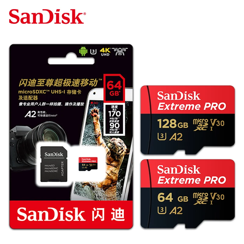 SanDisk Extreme PRO Micro SD Card Read Speed 170MB/s 128GB 64GB U3 V30 A2 Memory Card SDXC Flash Card TF Card 4K UHD for Camera