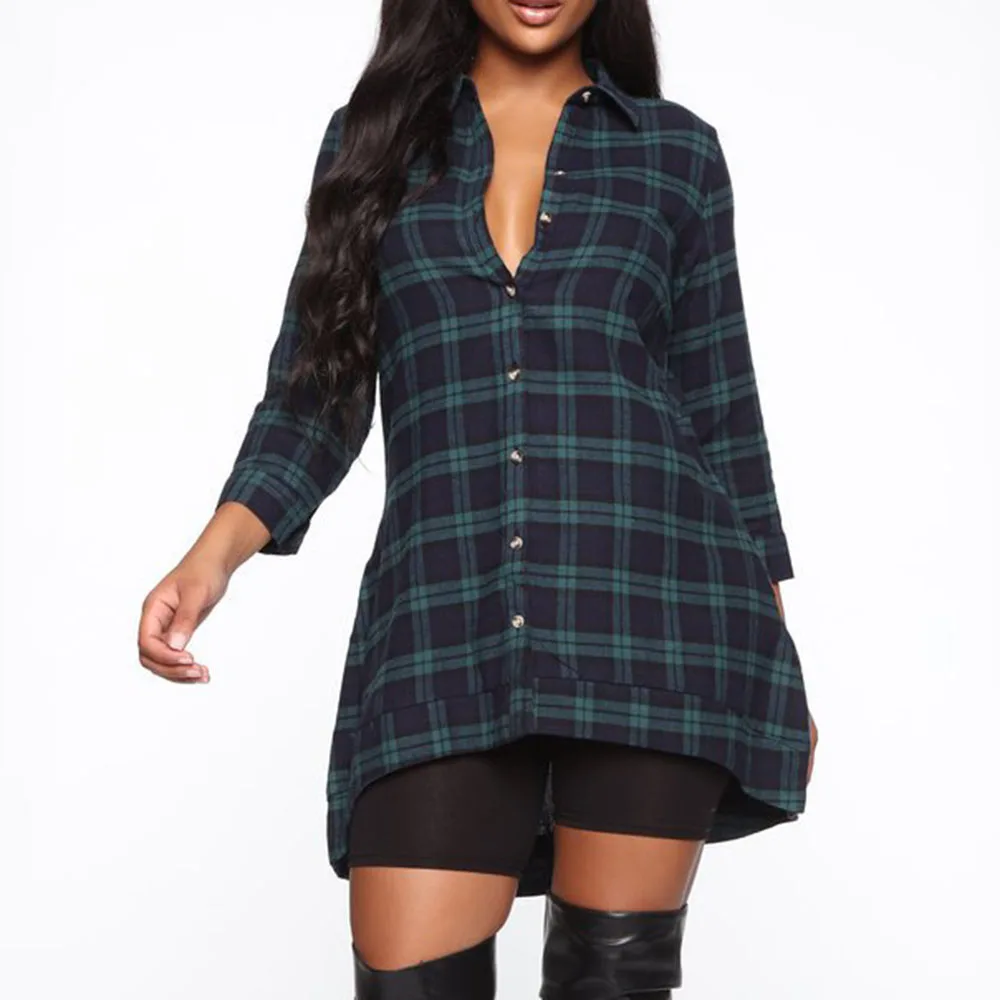 Повседневная Зеленая клетчатая блузка женские асимметричные топы большие