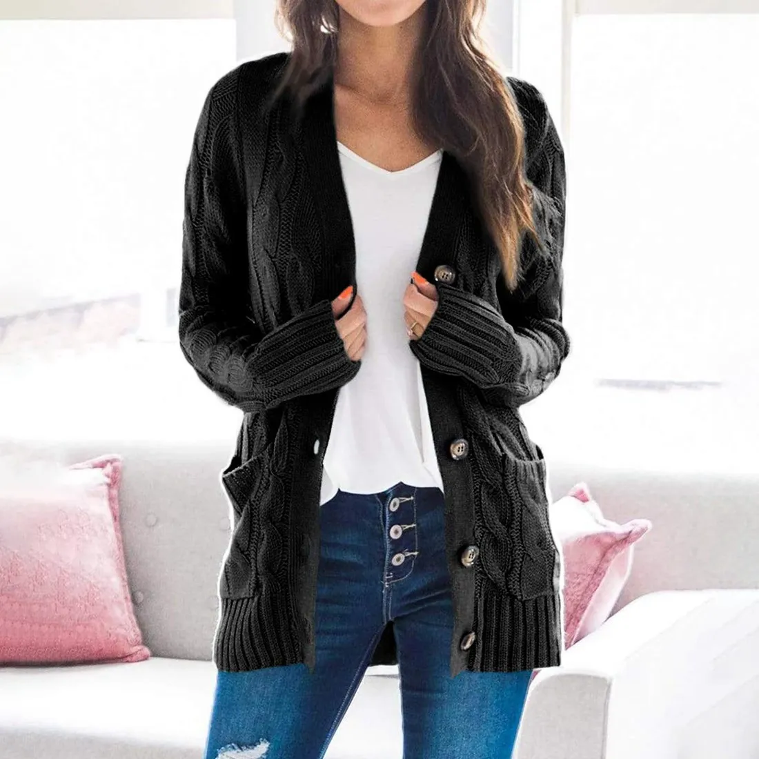 

2020 Autumn Winter Women Sweater Cardigans Knitted Loose Long Sleeve Button Sweater Casual Solid Long Casual Cardigan