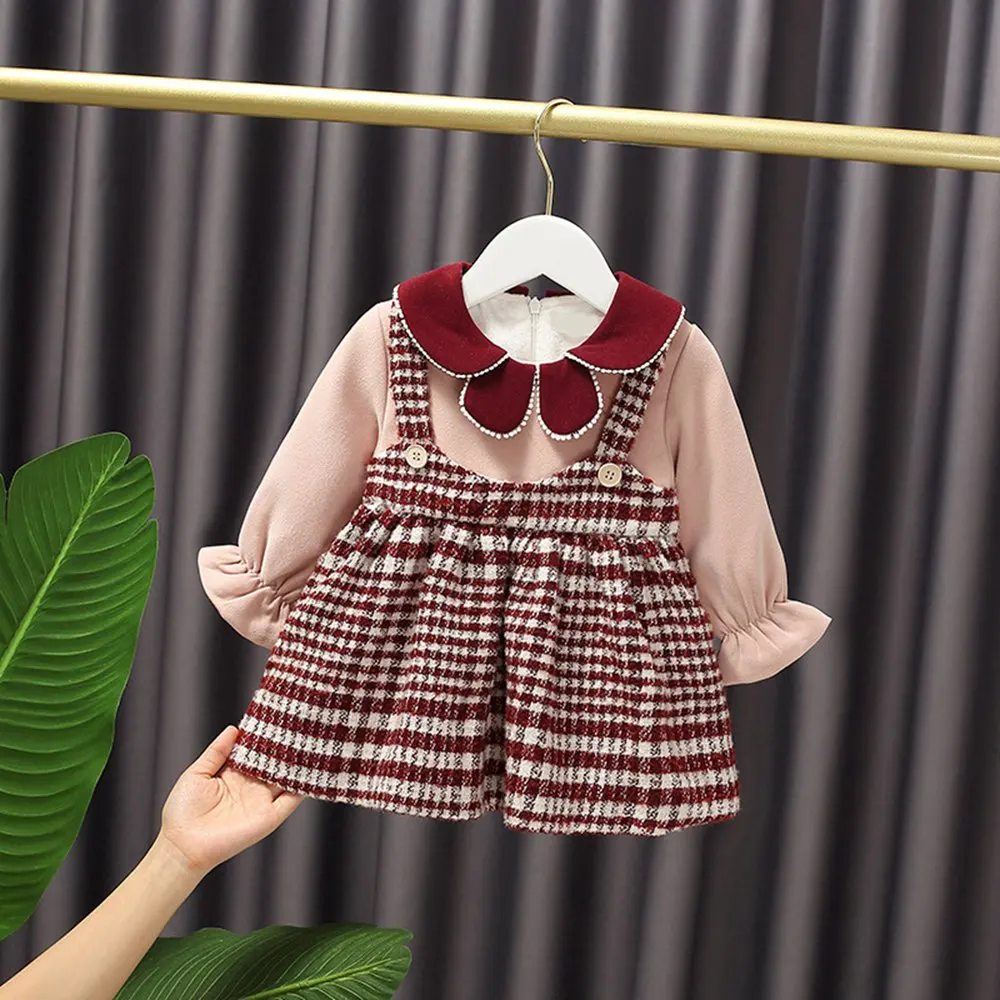 Теплое детское платье для девочек клетчатое бархатное модное зимнее утепленное