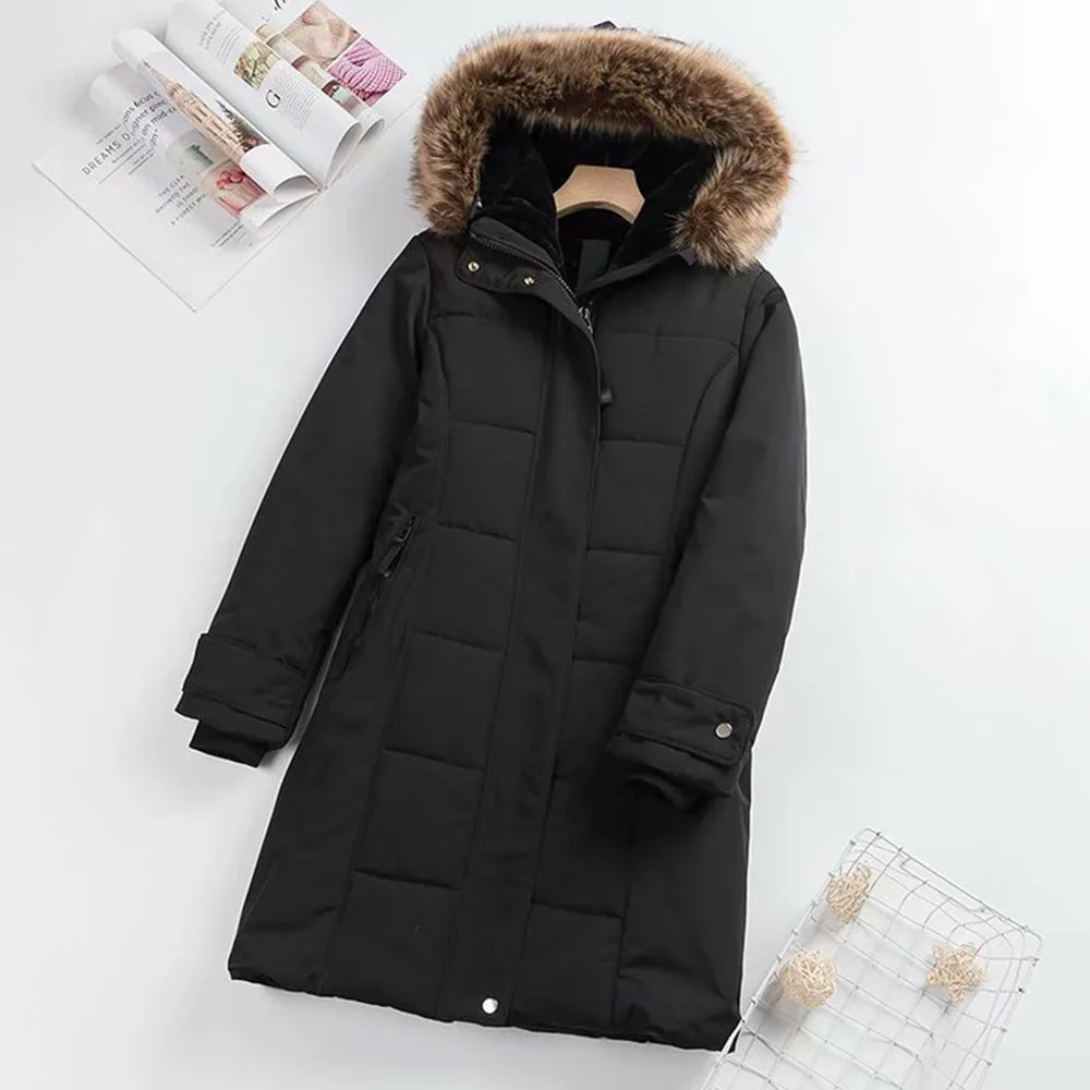 

Женская Стеганая куртка средней и длины, однотонная приталенная куртка на молнии с шерстяным воротником, 2021