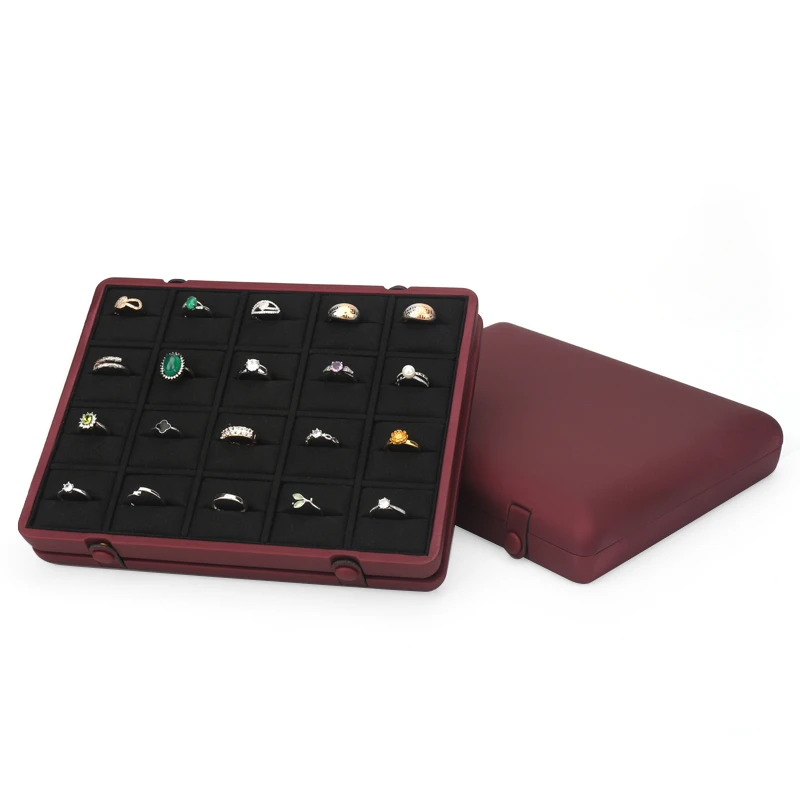 Flat Red Pu Leather Concealed Button Pendant Earring Storage Tray For Counter Window Display Built-in 12 Cells Velvet Card Slot