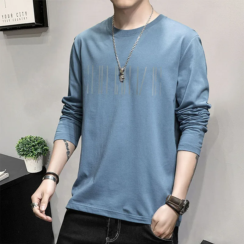 

Men T-shirt Long Sleeve 2021 New Arrival Spring And Autumn Fashion Cotton Male T-shirts Korean Style Black White Blue Gray T74
