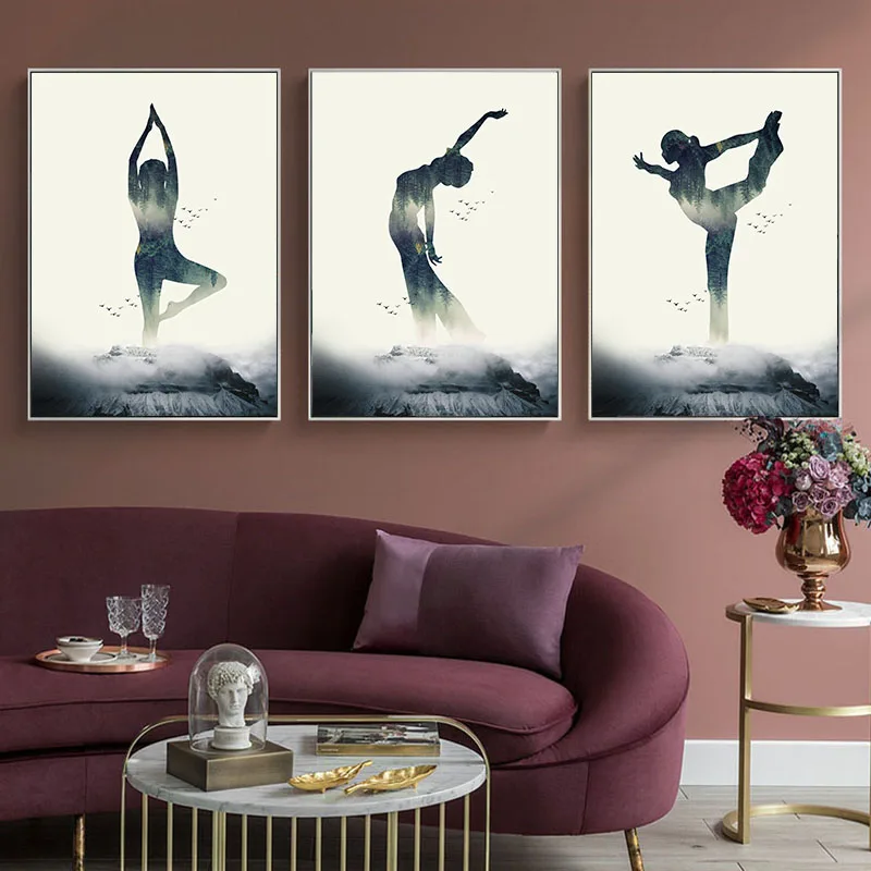 

Modern Minimalist Woman Yoga Forest Canvas Poster Wall Art Prints Geometric Painting Nordic Home Decoration Pictures