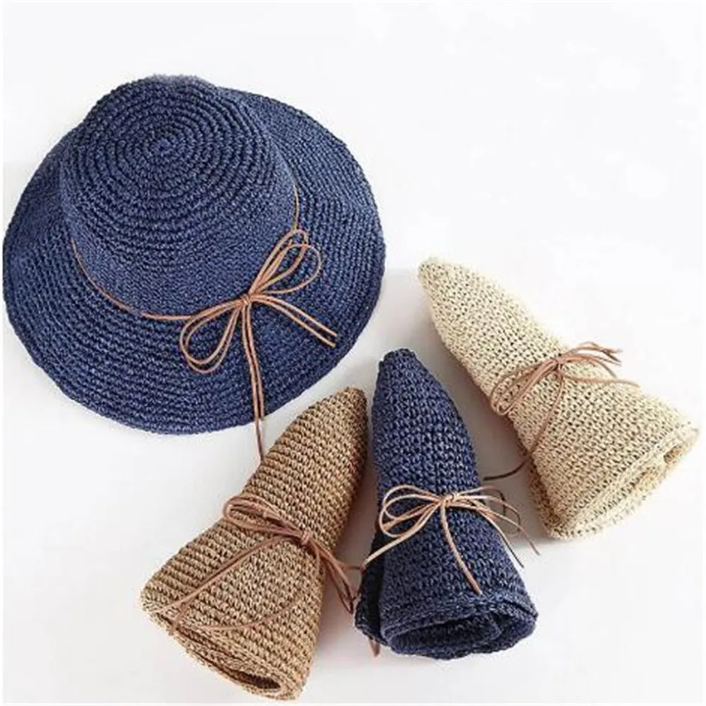 

Foldable Fashion Straw Hats Women's Summer Sun Protection Hat Lady Bow Beach Adults Wide Brim Cap Female Collapsible Sunscreen