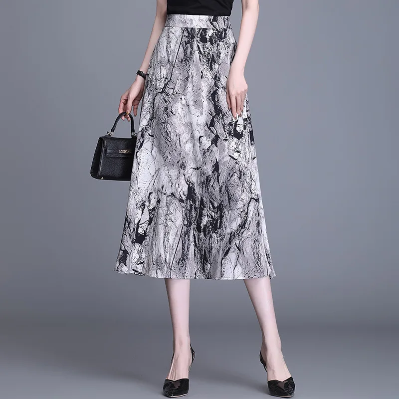 

Pleated Midi Skirts Female 2021 Summer High Waist Ink Printing Chiffon Skirt Mid-length A-line Skirt for Young Women BSQ437