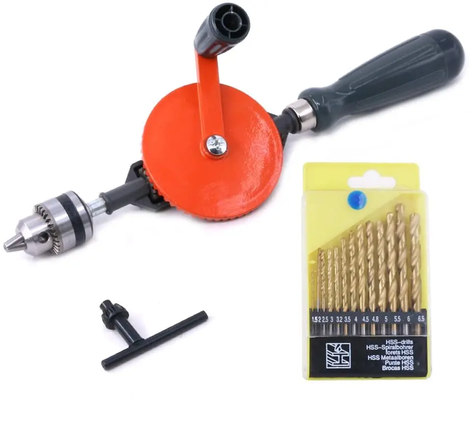 

Swpeet Powerful Speedy Hand Drill 1/4-Inch Capacity with 13Pcs Drill Bit Set, Mini Hand Drill Manual ¼ inch with Finely Cast Ste