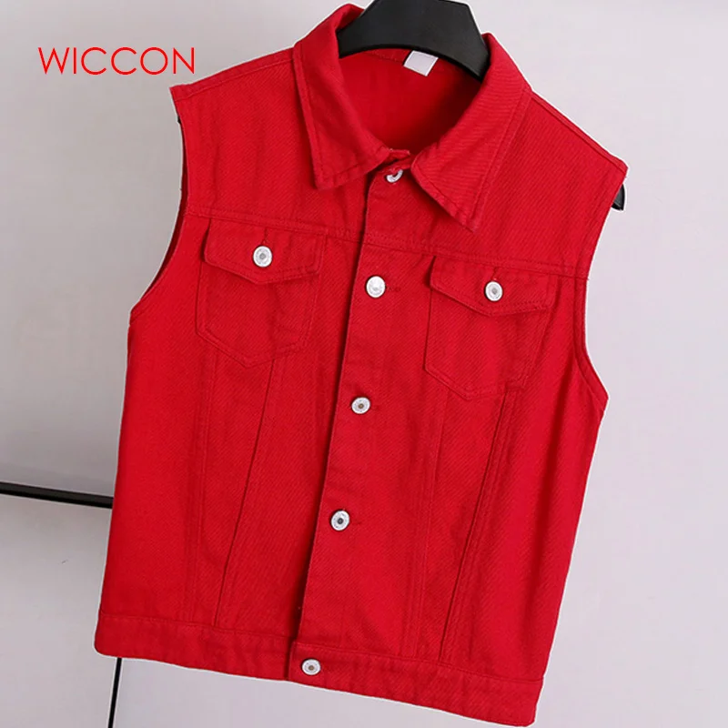 Женский укороченный джинсовый жилет красно синяя Базовая джинсовая куртка без