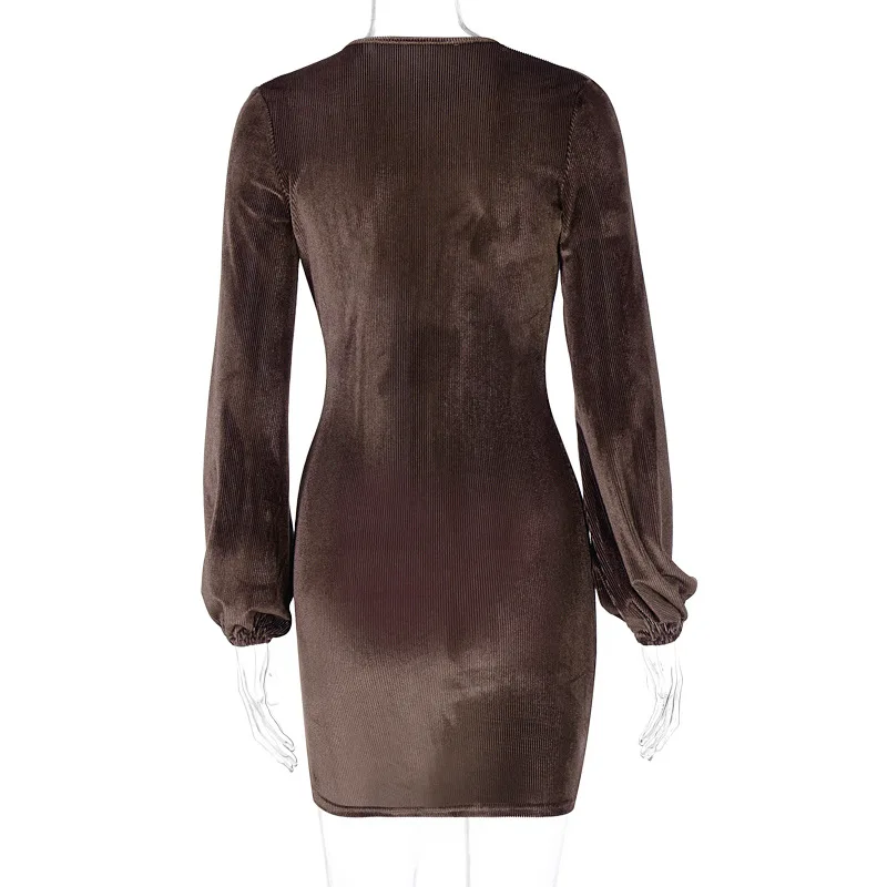 

New Party Sexy Solid Color Deep V-neck Mini Dresses for Women Fashion Bandage Lantern Sleeve Bodycon Clubwear Casual Loose Dress