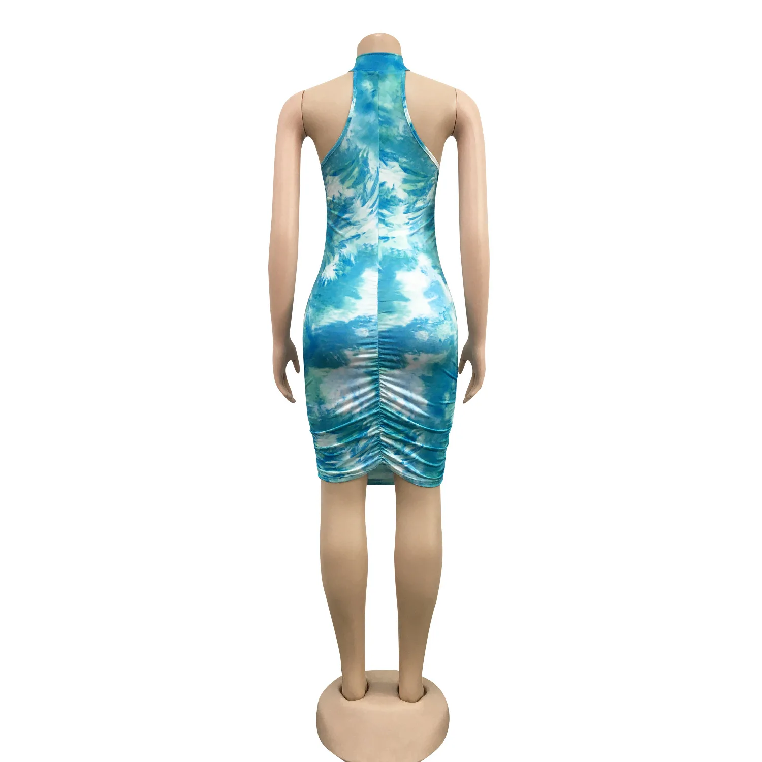 

Women Dress Tie Dye Print Stand Neck Stacked Sleeveless Bodycon Midi Dress Sexy Party Club Bandage Ruched Pencil Dresses