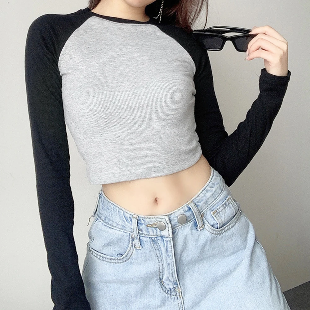 

Однотонный базовый женский пикантный короткий топ с длинным рукавом, модная облегающая футболка в стиле пэчворк, летняя повседневная Корей...