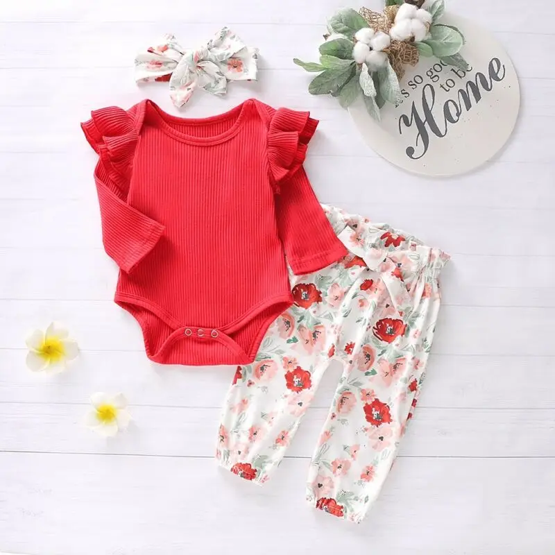 

3PCS Newborn Baby Girls Tops Romper Floral Pants Headband Outfits Set Clothes 0-18M
