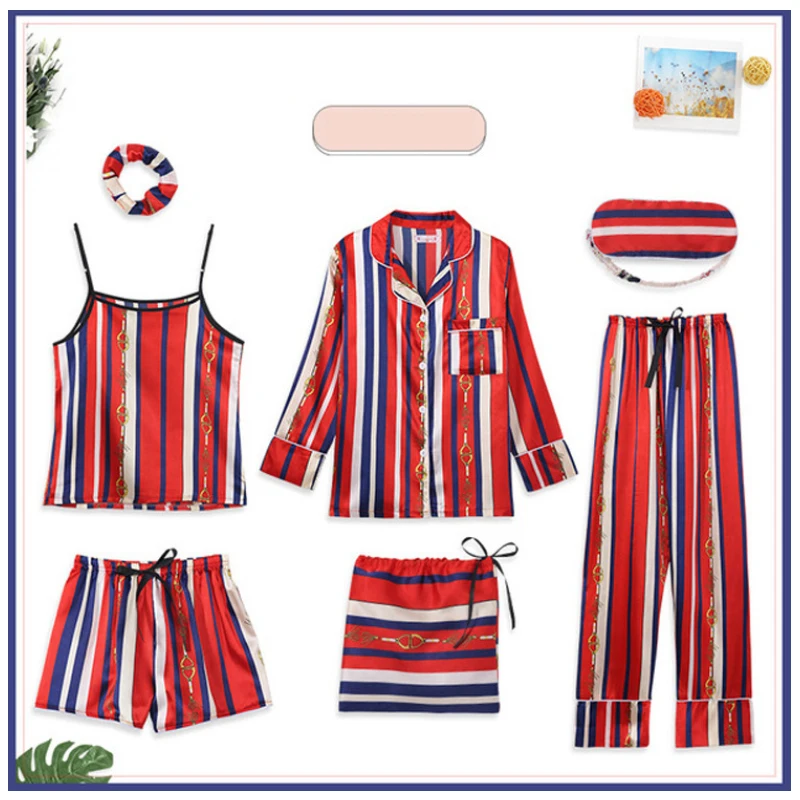 Женский пижамный комплект из 7 предметов розовая пижама в полоску искусственного