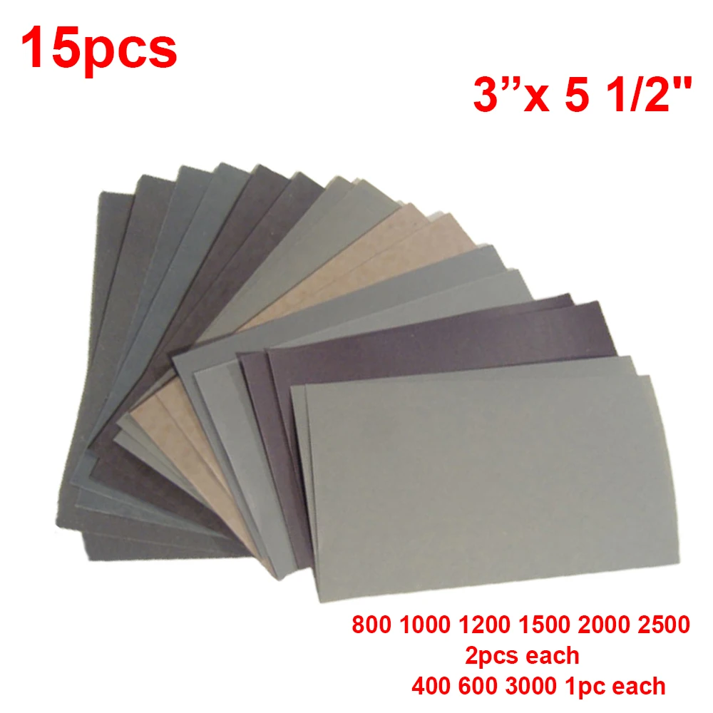 

15Pcs Car Surface Sand Paper Sheets Car Metal Glass Ceramics Wood Polishing Sandpaper 400-2500 Grit Wet/Dry Use