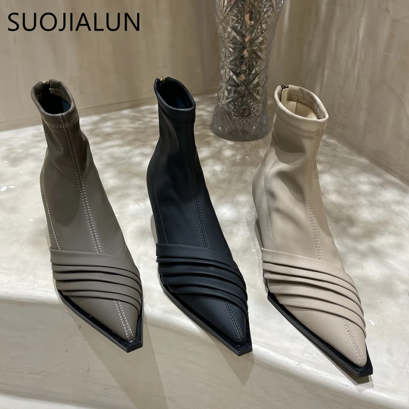 Женские полусапожки SUOJIALUN на тонком каблуке с острым носком модные