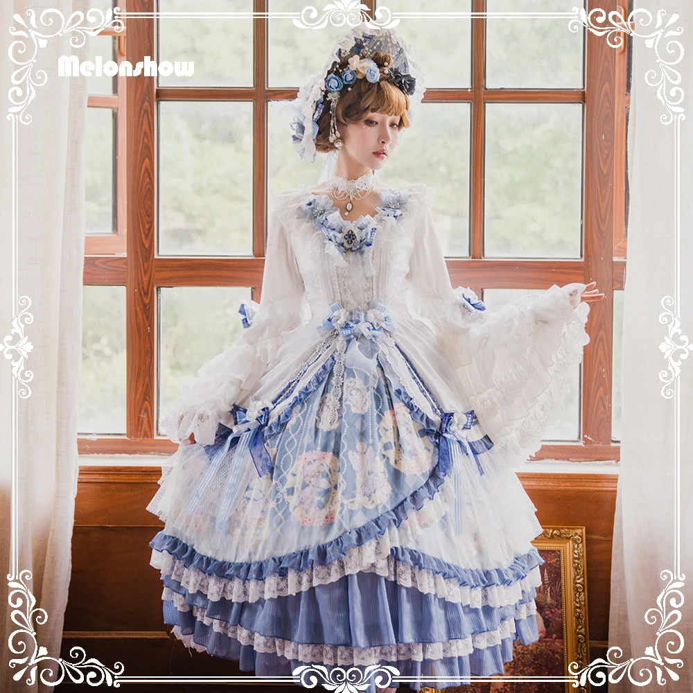 

Melonshow Classic Lolita Dress Victorian Dress Women White Blue Sweet OP Skirt Vintage Woman Dresses Princess Dress
