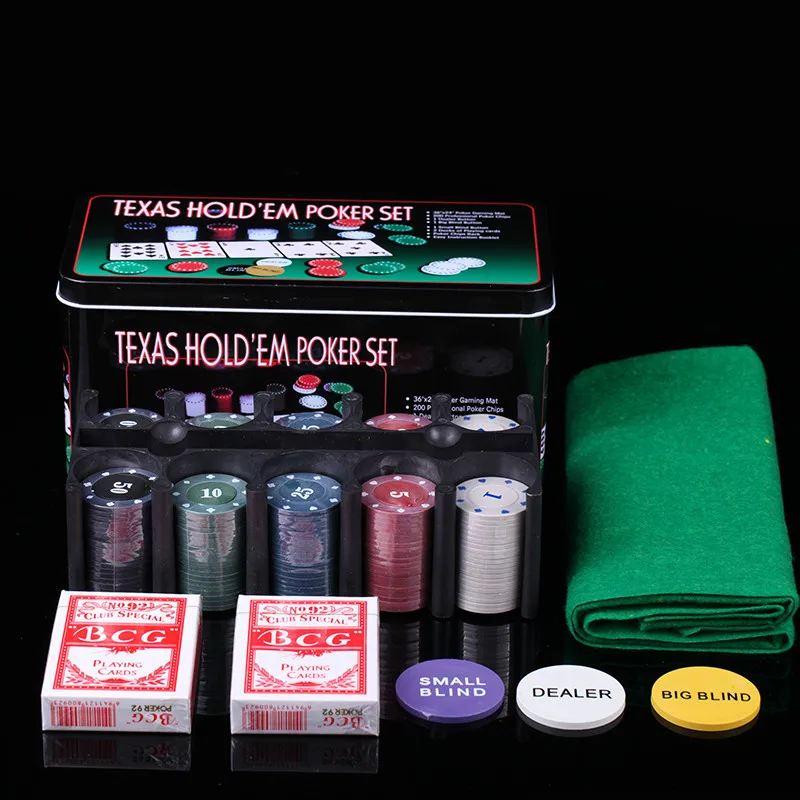 

Texas Hold'em Poker 200 Pcs Set with Poker Chips Table Cloth Portable Metal Box For Baccarat Gambling Board Games Dinner Party