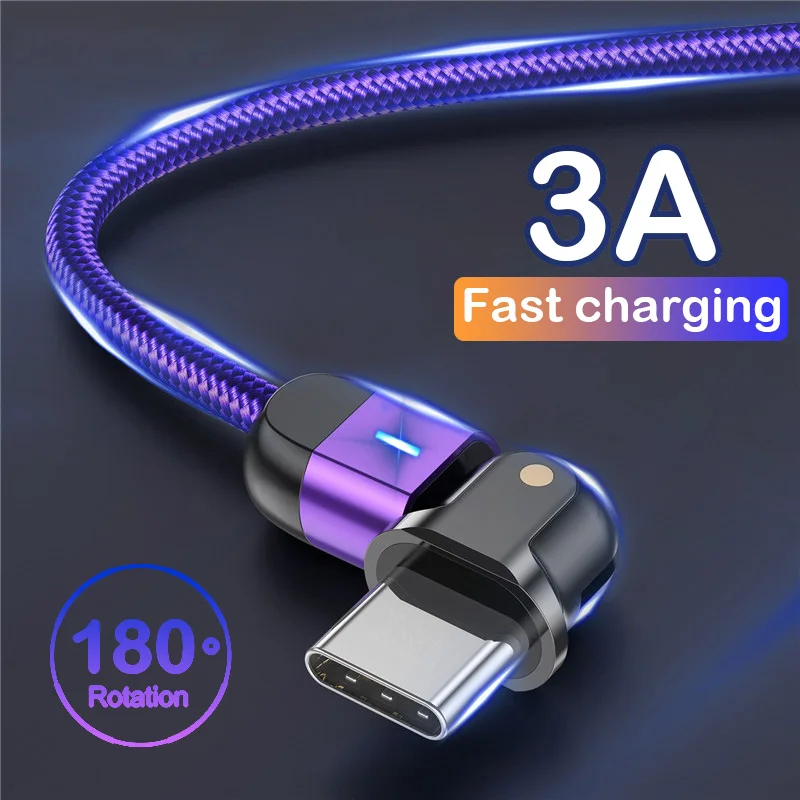 

180° Rotate Led 3A USB Type C Cable Fast Charging For Samsung Galaxy Xiaomi Mi 9 8 Redmi Huawei USB C Mobile Phone Cable Charger