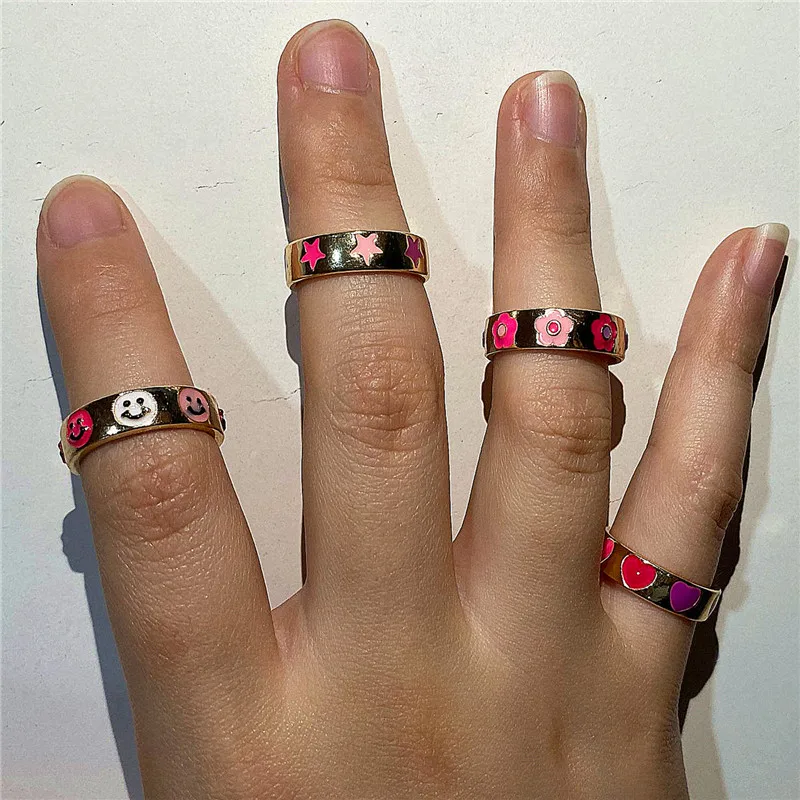 

2021 Korea New Ins Vintage Simple Aesthetic Color Smile Ring Multiple Colorful Star Heart Rings For Women Girls Fashion Jewelry
