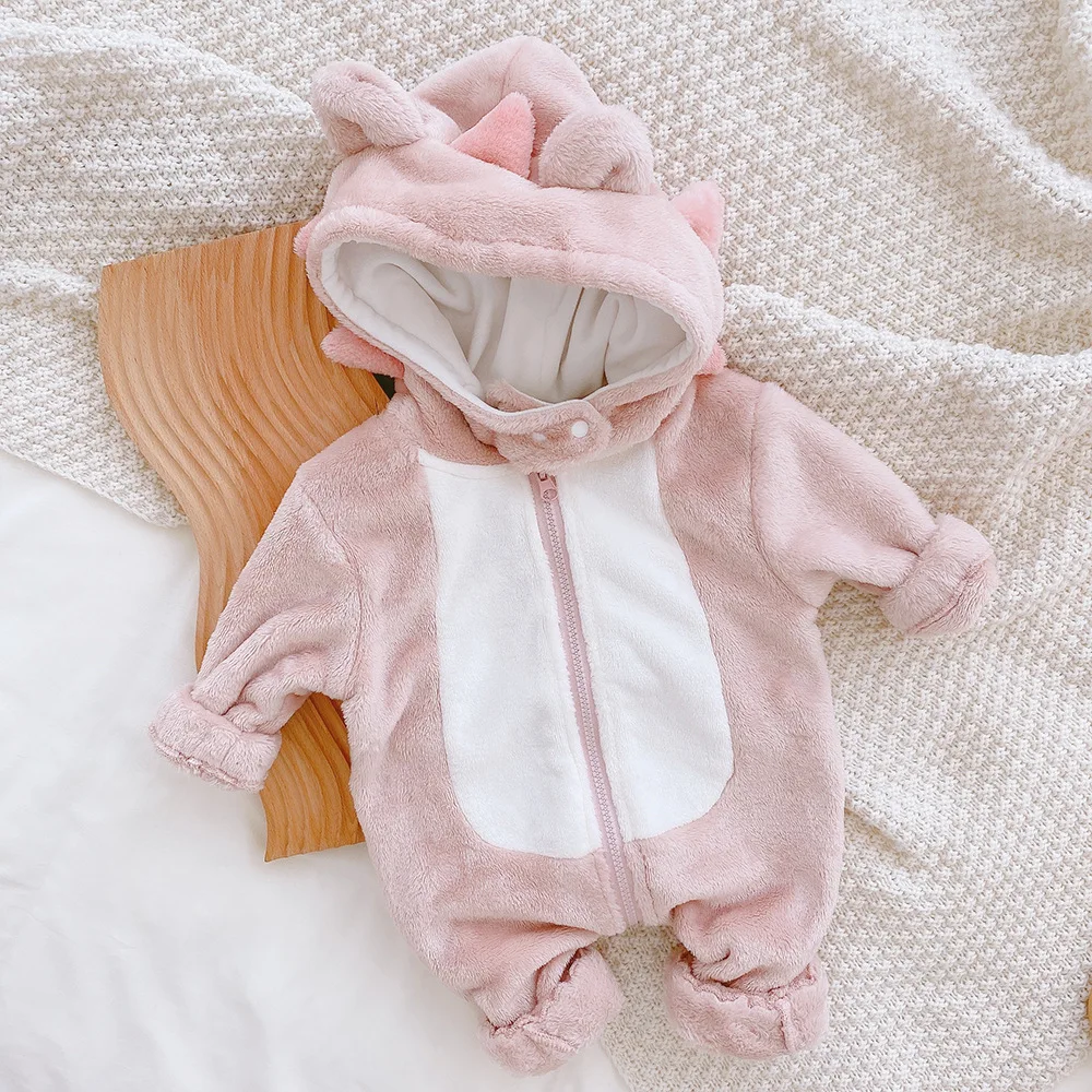 

0-24M Fashionable flannel Baby Girls Clothing Jumpsuit Flannel Hooded Jumpsuit Autumn Winter Warm Cute Long Sleeve Playsuits