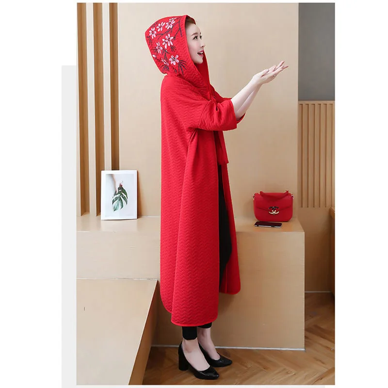 Новый Стиль плащ с капюшоном печати Кардиган большого размера женское пальто