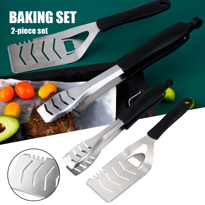 

Stainless-Steel BBQ Grill Set with 2-in-1Spatula and Tongs Barbecue Grilling Utensils with Hanging Hole