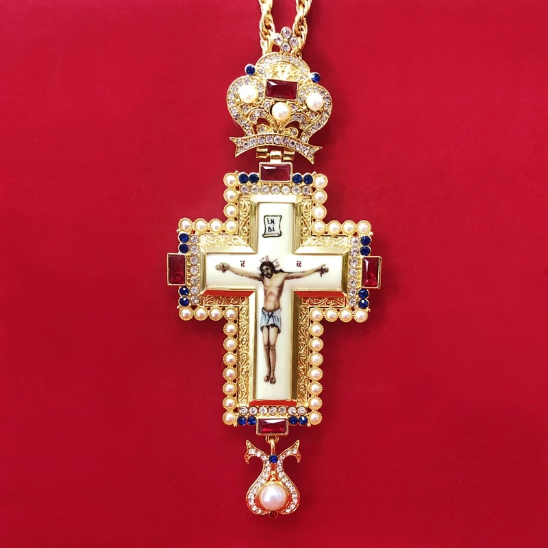 Нагрудный Крест православный Иисус подвески-кресты Позолоченные Стразы цепочка